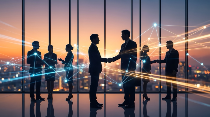 Business teams partnering with a handshake, connected by glowing network lines